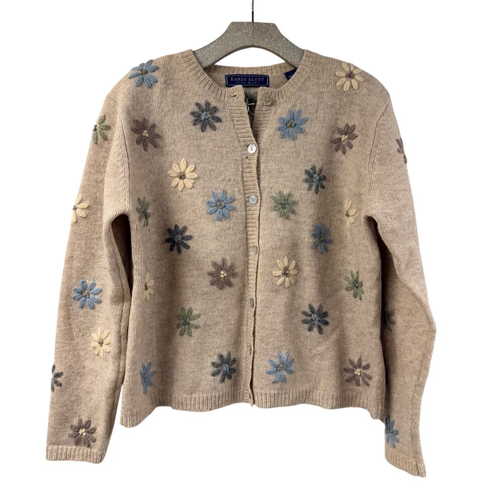 Karen Scott Cardigan Sweater 100% New Wool Floral Cardigan Medium